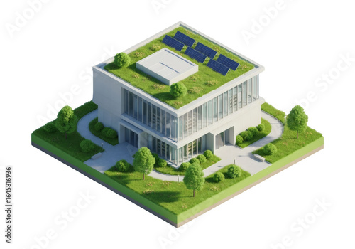 Isometric Green Building with Solar Panels and Roof Garden on Transparent Background with Green Grass