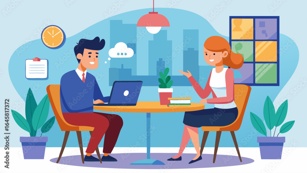 A man and a woman are sitting at a table in a room. The man is using a laptop while the woman is talking to him. The room has a modern and professional vibe, with a clock on the wall
