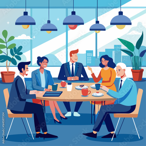 A group of people are sitting around a table in a restaurant. They are eating and drinking, and there are several cups and bowls on the table. The atmosphere is casual and friendly