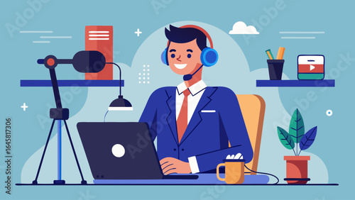 A man in a suit is sitting at a desk with a laptop and a cup of coffee. He is smiling and he is enjoying his work. The desk is cluttered with various items such as a potted plant, a book