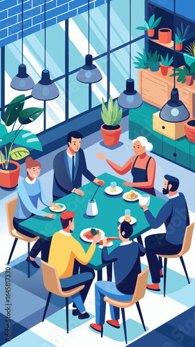 A group of people are sitting around a table in a restaurant. They are eating and drinking, and there are several cups and bowls on the table. The atmosphere is casual and friendly