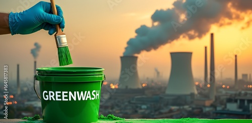 Greenwashing concept with a paint bucket and industrial pollution in background