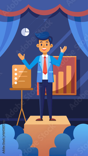 A man stands on a stage in front of a crowd, holding a piece of paper. The paper has a list of questions on it, and the man is smiling as he presents it to the audience