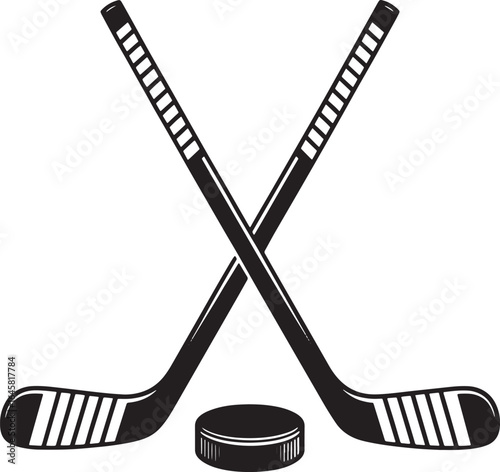 Hockey Sticks Crossed with Puck Silhouette Vector Illustration on Transparent Background