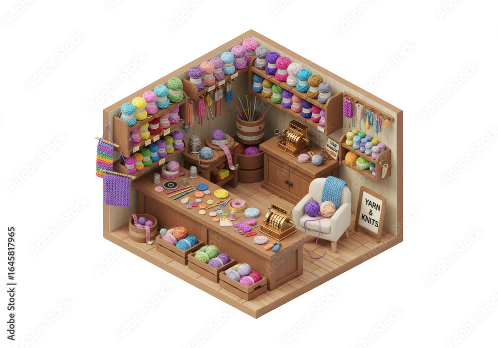 Obraz premium Isometric Pixel Art of a Craft Store Filled with Balls of Yarn and Knitting Supplies in a Cozy Display with Wooden Furnishings