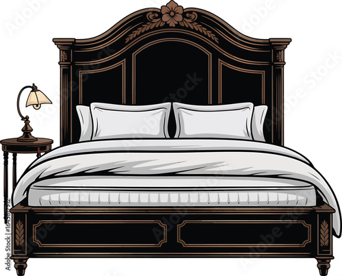 Elegant Bedroom Interior with Ornate Wooden Bed Frame and Nightstand Lamp Illustration
