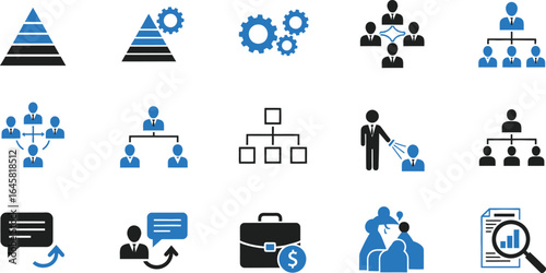 Collection of business related icons depicting hierarchy, teamwork, and financial analysis