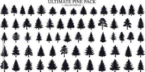 Ultimate pine tree silhouette collection, conifer forest vector set, evergreen tree shapes, Christmas tree design elements, black pine illustrations, nature icons