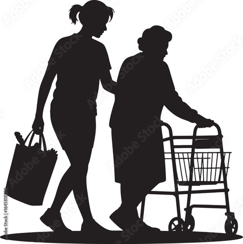 Caregiver Helping Senior Woman Vector Illustration: Assistance, Support, Elderly