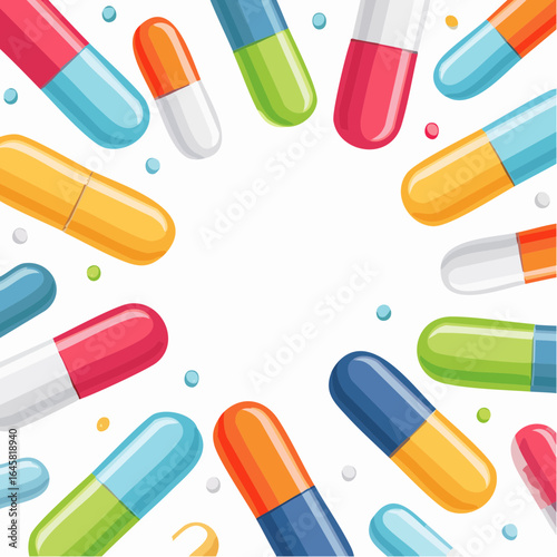 Colorful Capsules Arranged in Circular Pattern on White Background