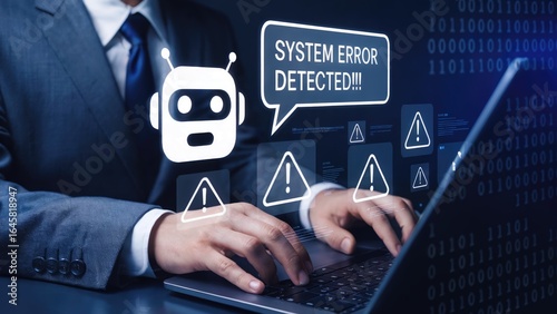 Business professional troubleshooting IT system errors with AI bot on laptop screen
