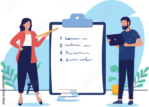 People and clipboard - Man and woman standing in front of numbered list taking notes and presenting business plan. Flat design vector illustration with white background