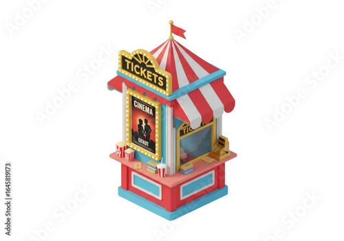 Isometric Ticket Booth Kiosk Cinema Stand with Red Stripes and Lights with a Poster on Isolated Transparent Background