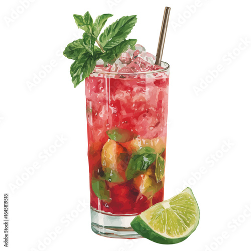 Watercolor vector illustration of Tropical Punch, isolated on white background.