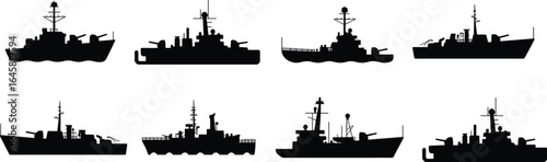 Warship silhouette vector illustration, modern naval battleships front and side views, military marine vessels set, navy combat ships icons, defense fleet equipment design