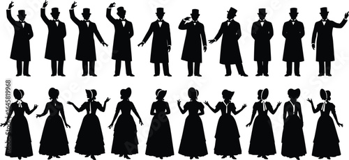 Vintage Victorian silhouettes collection, men and women in classic period clothing, old-fashioned dress and top hats, historical costumes vector set, retro fashion icons