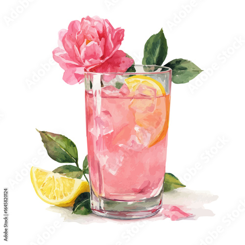 Watercolor vector illustration of Rose Lemonade, isolated on white background.