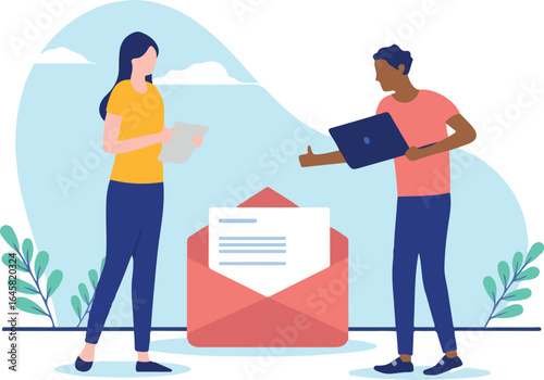 People and newsletter - Woman and man working on business newsletters showing thumbs up. Flat design vector illustration with white background