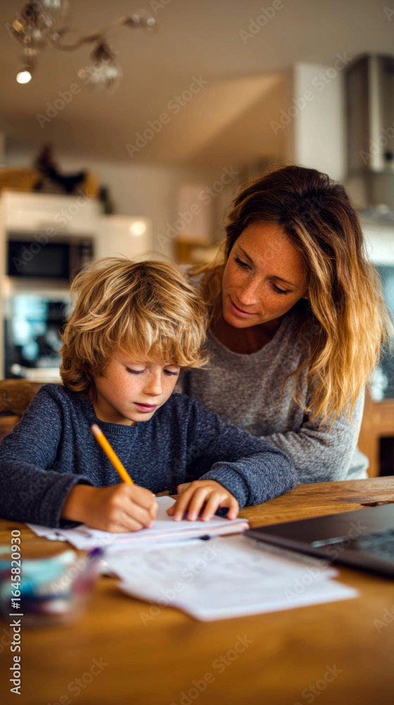 Fototapeta premium Creative Family Moment – Mother Helping Child Draw in Cozy Home Interior