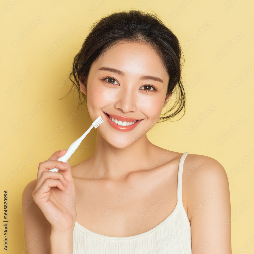 笑顔で白い歯を歯ブラシで歯磨きをする日本人女性美人モデルの写真。オーラルケア、デンタルケア、歯科、広告用。 笑顔で白い歯を歯ブラシで歯磨きをする日本人女性美人モデルの写真。オーラルケア、デンタルケア、歯科、広告用。
