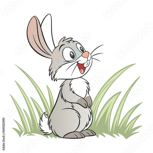 A cute cartoon rabbit with long ears and a happy expression, sitting in green grass, perfect for childrens stories and nature themes