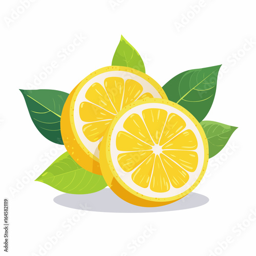 Two Slices Of Yellow Lemon with Green Leaves on White Background