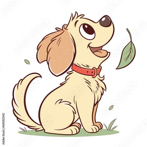 Adorable cartoon puppy sitting outdoors with a leaf, looking happy and playful, representing a loyal canine companion