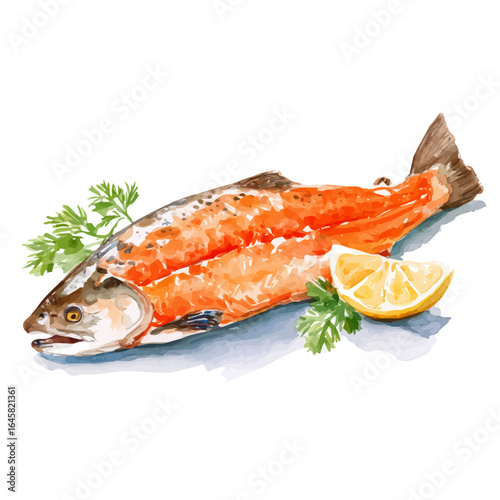 A watercolor painting of Baked Salmon, vector illustration on white background.