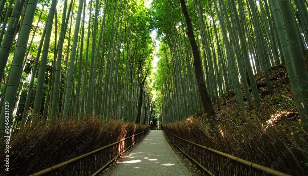 Obraz premium Lantern-lit path winding through dense bamboo forest, shadows dancing in warm glow.