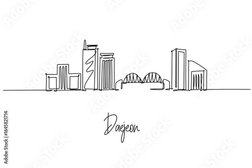 Daejeon South Korea city skyline in a continuous line drawing featuring Expo Bridge Sky Road and Hanbat Arboretum, a city skyline concept themed for travel posters minimalist decor and wall art.