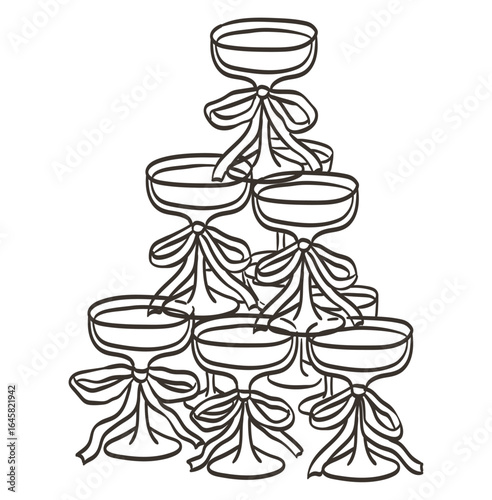 Pyramid or tower of martini, champagne glasses or sparkling wine decorated with bows and ribbons. Doodle vector illustration for wedding, birthday invitation or greeting card in ink line style.