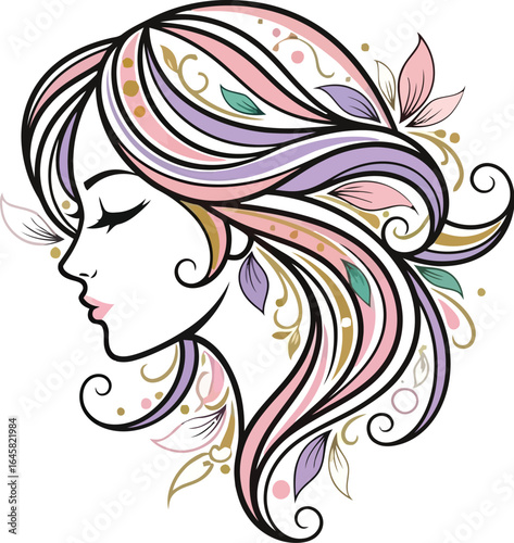 Illustration of a woman's profile with colorful floral hair on a white background design element