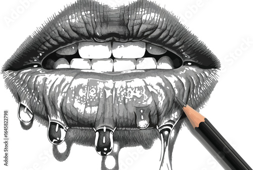 Graphite drawing of lips with water droplets and pencil on white