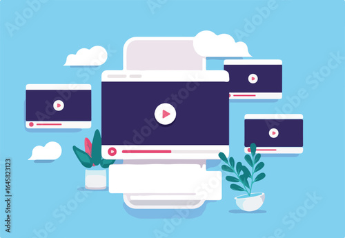 Mobile phone with videos - Watching movie tube clips on smartphone with player windows floating around. Social media and content concept in semi flat vector design