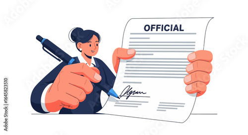Smiling businesswoman in a blue suit signing an official document, a stylized vector illustration of a legal agreement.