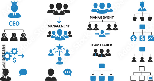 Various organizational chart diagrams showing ceo management team leader and communication structures