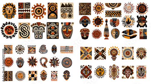 Collection of African tribal masks and ethnic symbols in vibrant colors, perfect for cultural design, posters, crafts, textiles, and traditional decorative artworks.