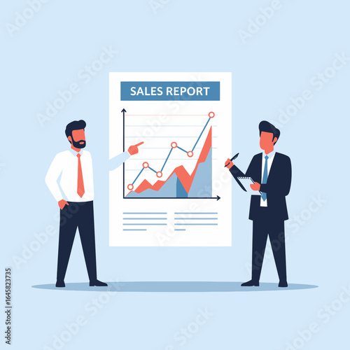 Two businessmen analyzing a large sales report with a fluctuating line and area growth chart.
