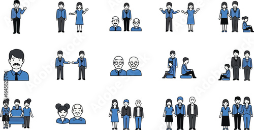 Various illustrations of people in different groupings and poses on a white background in cartoon style