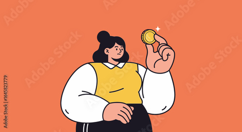 Thoughtful cartoon woman in a yellow vest carefully examining a single shiny gold coin.