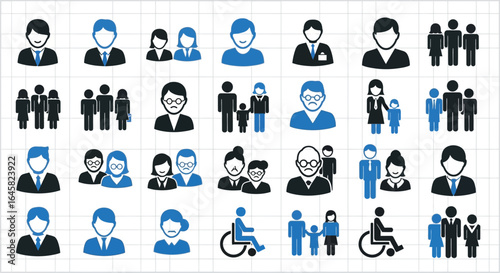 Collection of diverse people icons representing various demographics and family structures in black and blue