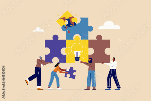 Teamwork and collaboration to create a bright idea with puzzle pieces