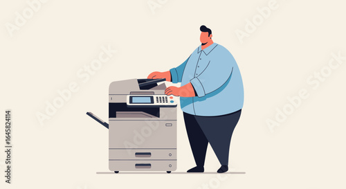 A large man with black hair in a blue collared shirt operates a multifunction office printer.