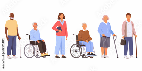Diverse group of elderly people and a caregiver with mobility aids