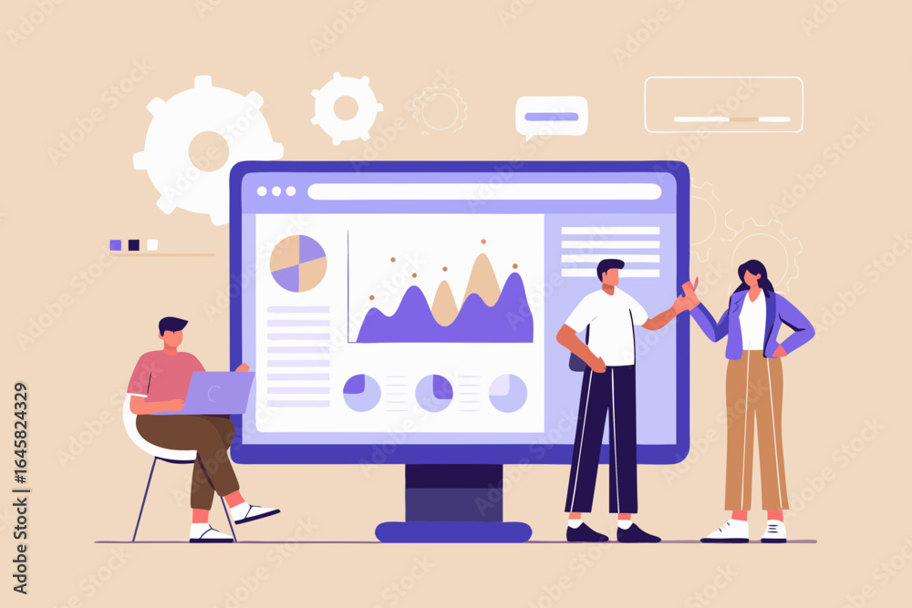 Fototapeta premium Team analyzing data and charts on a large computer screen