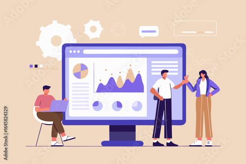 Team analyzing data and charts on a large computer screen