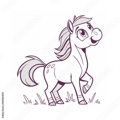 Cute cartoon horse with a flowing mane and tail, standing happily in a grassy field, perfect for childrens books and designs