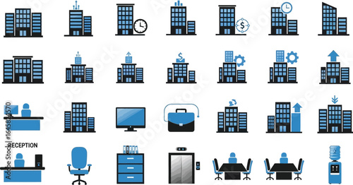 Illustration of office buildings and office equipment in blue and black color scheme on white background