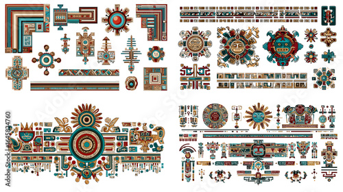 Aztec geometric decorative elements in ethnic style with bold patterns, perfect for textile designs, borders, wallpapers, crafts, and cultural artworks.