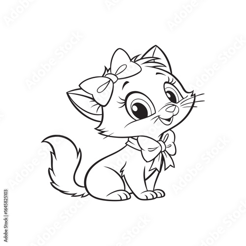 Cute cartoon kitten with a bow isolated on white background